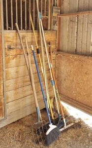 lot 262 image: Lot of Misc Brooms, Floor Squeegee & Pitchfork