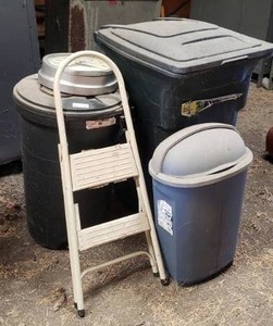 lot 288 image: Lot of Trash Cans, Step Stool & Vintage Wall Clock.