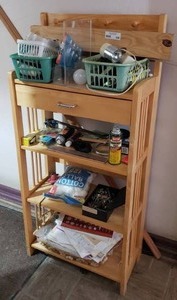 lot 320 image: Wood utility shelf plus contents of household supplies as shown