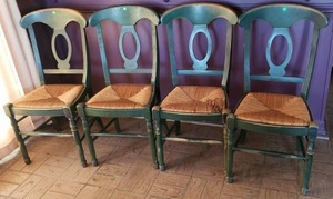 lot 339 image: Mid-Century Pottery Barn rush weave seat and solid wood frame chair set, Made in Italy (Bid is times the quantity of 4)