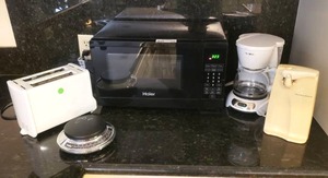 lot 346 image: Haier microwave oven, Mr. Coffee coffee maker, Hamilton Beach can opener, and more as shown
