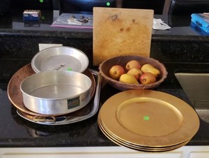 lot 347 image: Vasconia aluminum pan, plate chargers, artificial fruit bowl plus as shown