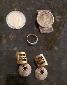 lot 350 image: .999 silver 1 oz. coin, .925 silver & turquoise ring, Mexican Peso coin money clip, vintage clip on earrings