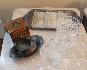 lot 450 image: Lead crystal lidded candy dishes, coaster set, silver plated cup and dish plus as shown