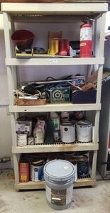 lot 477 image: Plastic storage shelf plus contents including assorted hardware, tools and more as shown