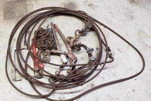 lot 479 image: Heavy duty tow cable, cable tensioners, Fuller pipe wrench, and vise grips