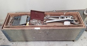lot 483 image: Hand crafted wood tool box plus tools including large wrenches, drill bits and more as shown