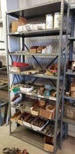 lot 81 image: Industrial Shelf w Contents.  Brass Shims, Welding Rods, Bolts, Hardware & More