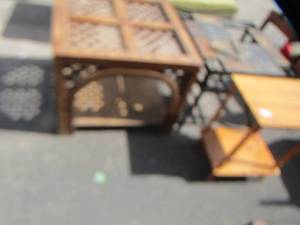 lot 31 image: Wooden wicker table 242929 - Metal base tile top table 232424 - small side table 241813