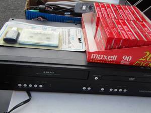 lot 105 image: Extension cords- New Maxwell audio cassettes qty 16- NIP 3 way cleaning cassette - Magnavox vhsdvd player
