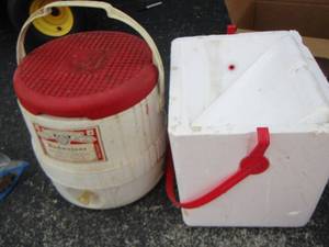 lot 121 image: HEB Texas foam ice chest- red Budweiser ice cooler qty 2