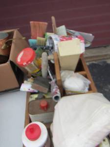 lot 146 image: Painters lot- wooden crate holds paint thinner- brushes- chalk line and more