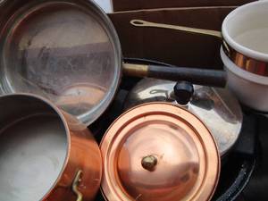 lot 151 image: speckled roaster with lid, misc. pots and pans