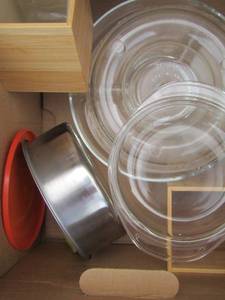 lot 160 image: kitchen lot- mixing bowls- serving dishes- wooden sugar and flour canisters
