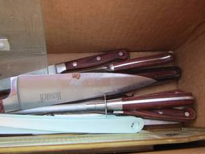 lot 187 image: kitchen items- knifes new and used, serving pieces