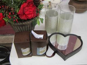 lot 246 image: 2 new Jesus candles- heart framed mirror- 2 vases and greenery dcor