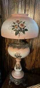 lot 11 image: Victorian 3 tiered GWTW MILK GLASS BAND PAINTED PARLOR LAMP  very beautiful pieces- 32 tall