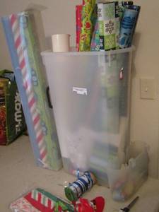 lot 62 image: LOT OF Christmas WRAPPING PAPER, RIBBON, NAME TAGS , NEW AND USED TAPE
