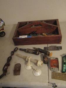 lot 160 image: WOODEN TOOL CADDY WITH MISC.