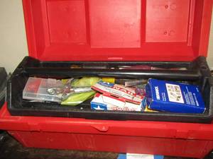 lot 242 image: red tool masters tool box has door hinges, plyers, screw drivers, nails and more