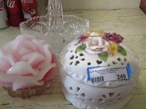 lot 249 image: footed handled crystal glass basket, rose candle, floral covered dish