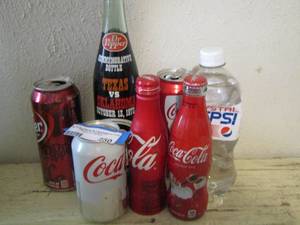 lot 250 image: vintage Pepsi water and coca cola cans and bottles