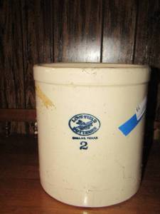 lot 15 image: LOVE FIELD POTTERY  2 gallon  CROCK