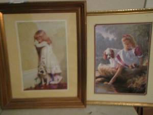 lot 92 image: 2 PRINTS - GIRL IN CORNER 21 X 17  AND GIRL AT THE CREEK 24 X 20 -  BOTH WITH PUPS