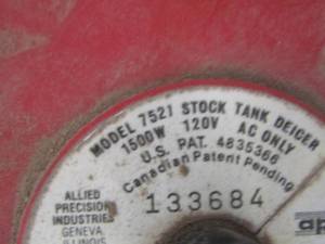lot 119 image: model 7521 stock tank deicer 1500w 120v ac only u.s pat. 4835366