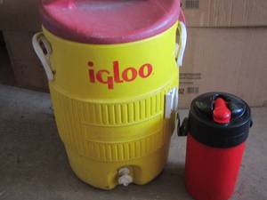 lot 130 image: yellow igloo cooler, big red jug