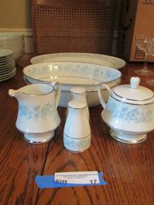 lot 17 image: NORITAKE 2227 MILFORD China DISHES -  2 SERVING BOWLS, 1 SERVING PLATTER, CREAM AND SUGAR DISH AND SALT AND PEPPER SHAKER  X $$