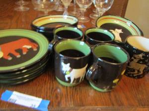 lot 35 image: Swiss alps hand made cow design dishes, goats and flowers qty 5 cups 6 bowls and 4 plates