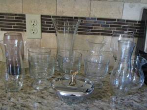 lot 45 image: Glass lot- vases, creamer, wine glasses and sherbet cups