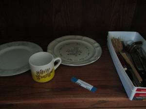 lot 113 image: kitchen utensils, hello sunshine coffee cup, gordella collection dinner plate qty 1, prestige dinner plate qty 1