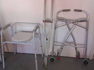 lot 120 image: bed side potty, adult crutches, foldable 2 wheel walker