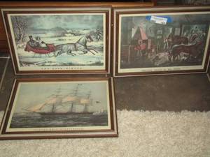 lot 165 image: Road winter -Clipper ship- Trotting crocks wall art qty 3 approx. 1612