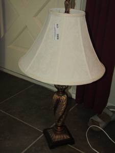 lot 176 image: Brown and gold wooden table lamp in good condition- Maroon glass table lamp