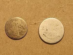 lot 52 image: Very well used Barber dime and shield nickel