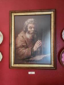 lot 61 image: Framed wall art of man praying