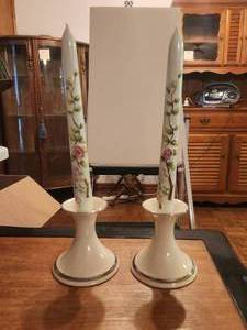 lot 132 image: Pair of Lenox candlestick holders hand decorated with platinum - and 2 hand painted porcelain candles