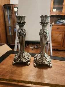 lot 139 image: Pair of ornate candlestick holders