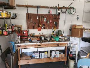 lot 169 image: Selection of items in garage including wood bench