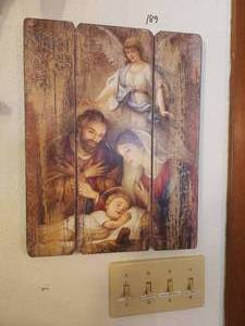 lot 189 image: Holy Family with Angel wooden wall plaque