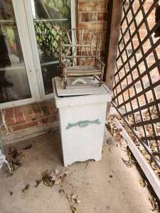 lot 191 image: Wooden potato bin - outside garbage box - and grapevine bench