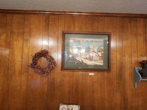 lot 378 image: Framed wall art of ocean side village and wreath
