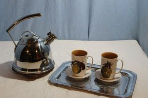 lot 30 image: Stainless Steele Tea Pot and Tray with Two (2) Cups and Saucers Fitz and Floyd Brand