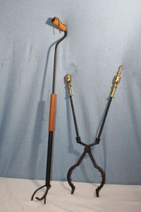 lot 35 image: Fire Place Tools Slide Grabbers with Leather Hand holds and Brass Handled Tongs