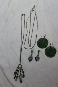lot 47 image: Two (2) Necklaces Beaded and Silver with Simulated Diamonds and Two (2) Pairs of Earrings
