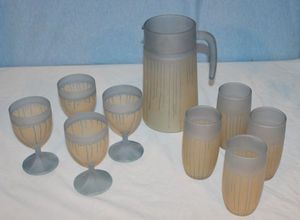 lot 51 image: Beautiful Vintage Hand Made Hebron Glassware Made in Palestine Set Includes Pitcher, Four (4) Juice Glasses and Four (4) Goblets.