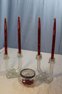 lot 310 image: A Pair of Beautiful Glass Tapered wit Red Candles Containing Gold Flakes and a Potpouri Bowl